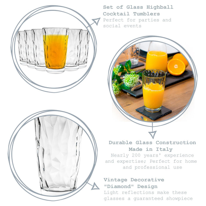 470ml Diamond Highball Glasses - Pack of Six