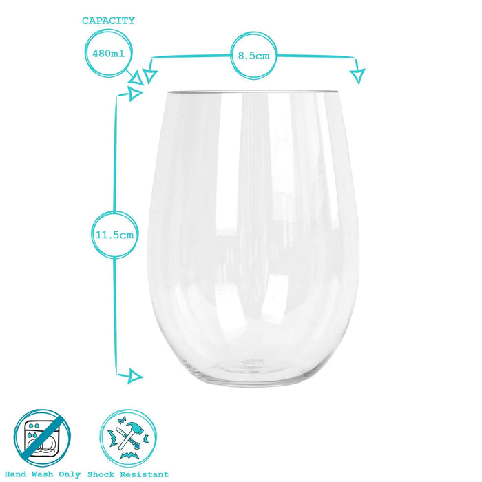 480ml Reusable Plastic Stemless Wine Glasses - Pack of Six