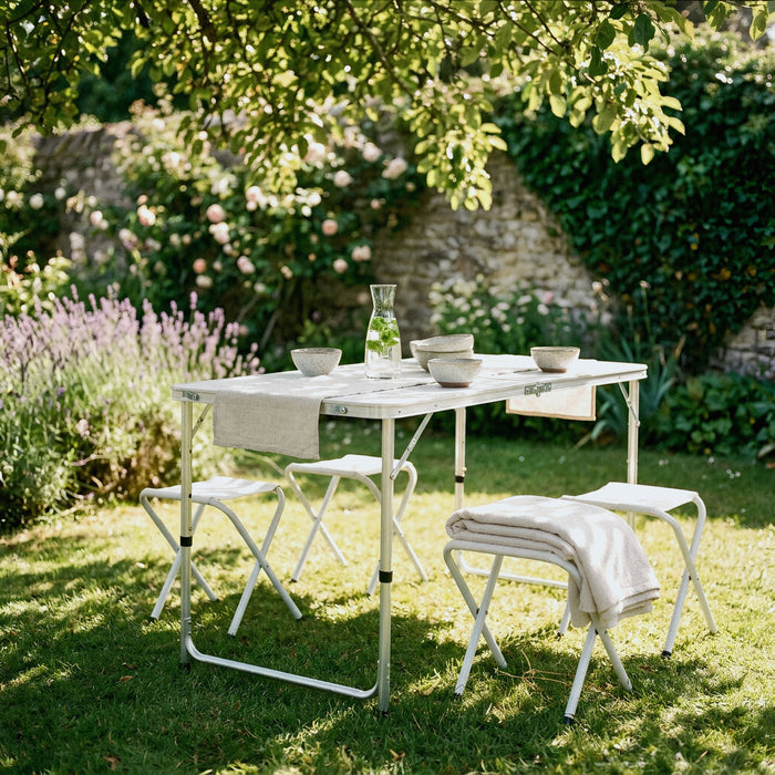 5 Piece Height Adjustable White Folding Picnic Table & Chairs Set