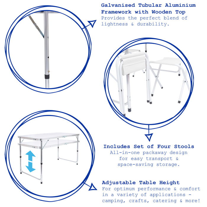 5 Piece Height Adjustable White Folding Picnic Table & Chairs Set