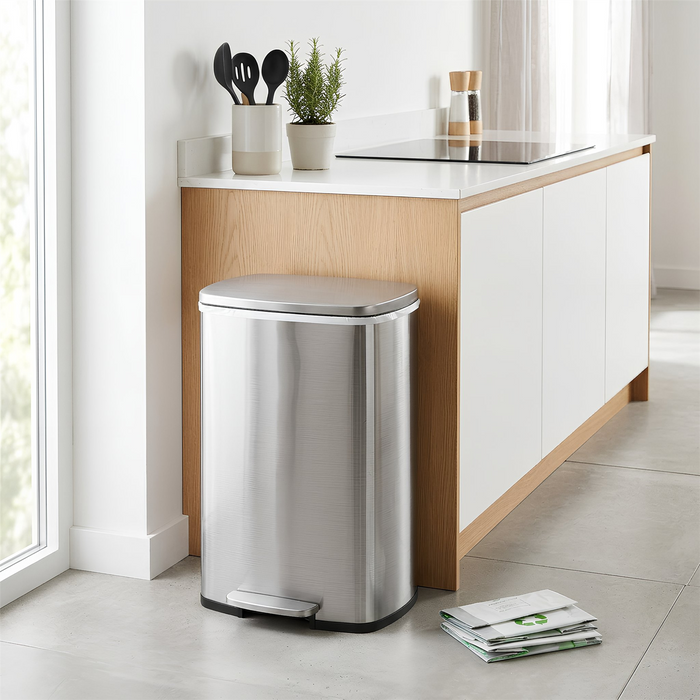 50L Square Stainless Steel Kitchen Pedal Bin - Brushed