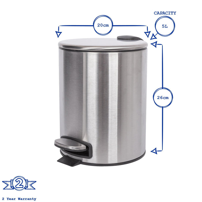 5L Chrome Round Stainless Steel Pedal Bin