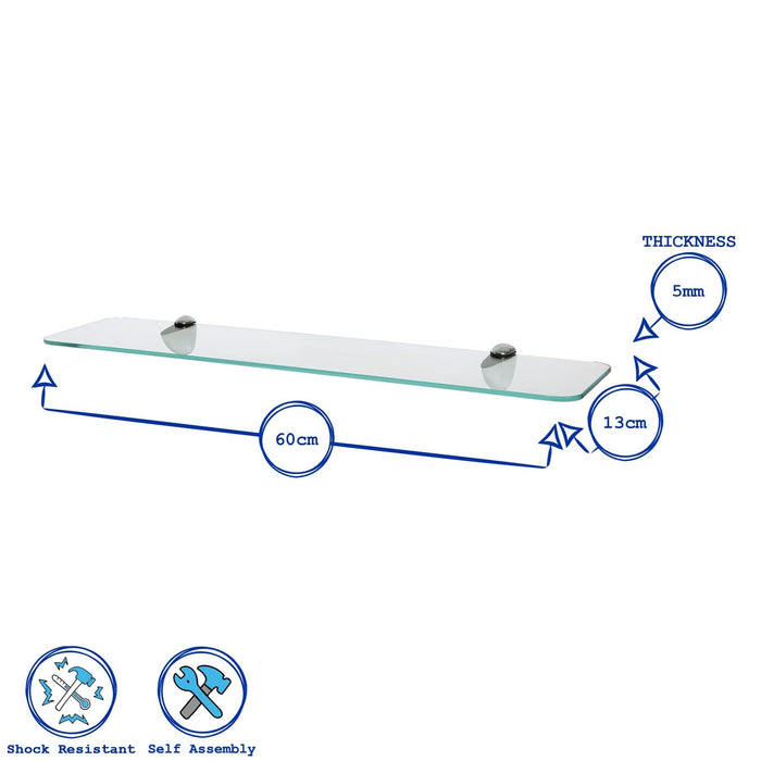 60cm Rounded Floating Glass Shelf with Chrome Fixings