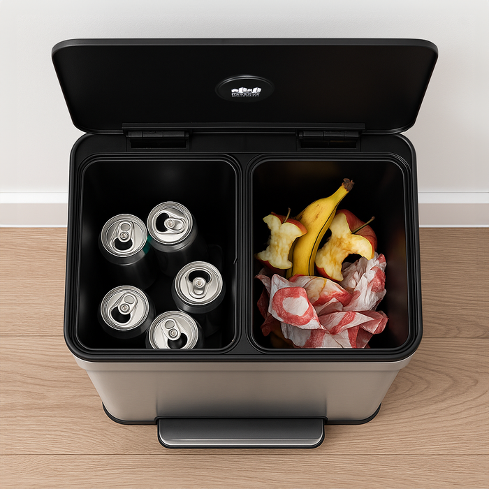 60L Brushed Stainless Steel Double Kitchen Pedal Bin (2 x 30L)