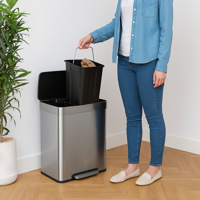 60L Brushed Stainless Steel Double Kitchen Pedal Bin (2 x 30L)