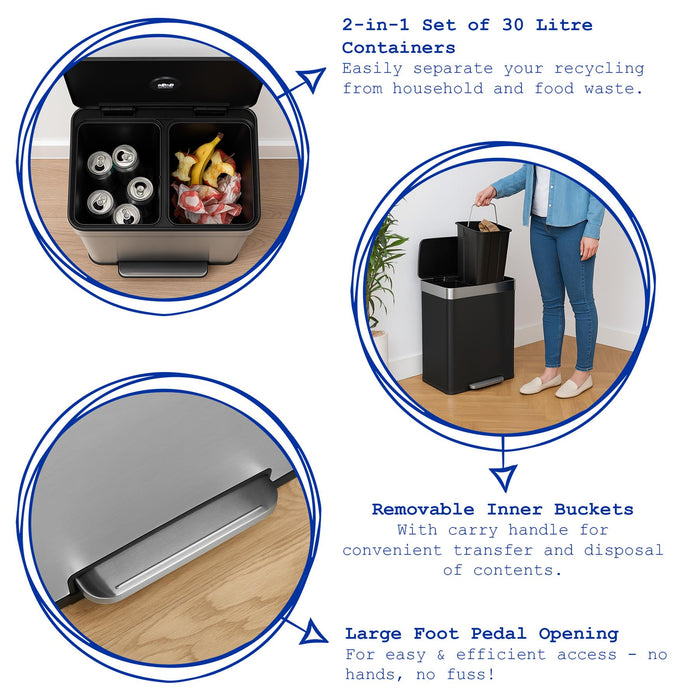60L Brushed Stainless Steel Double Kitchen Pedal Bin (2 x 30L)