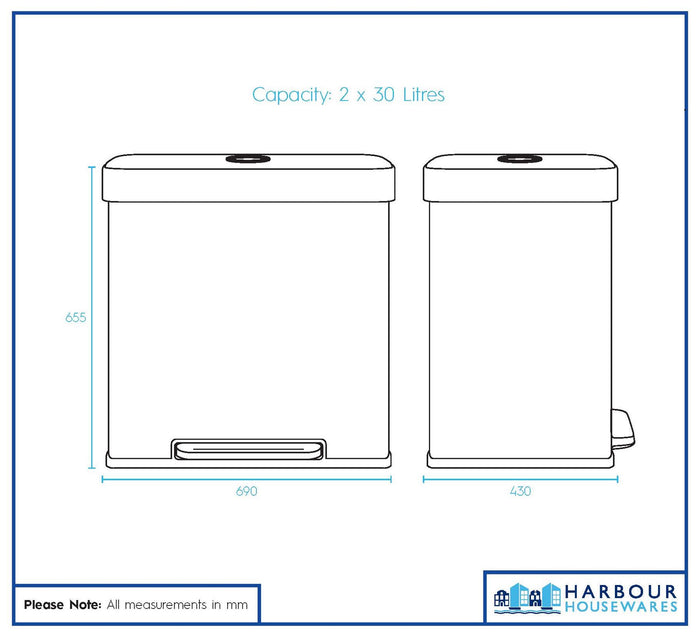 60L Brushed Stainless Steel Double Kitchen Pedal Bin (2 x 30L)