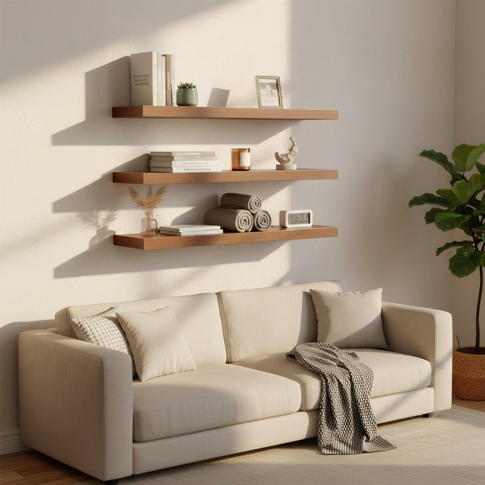80cm Walnut Modern Floating Shelves - Pack of Three