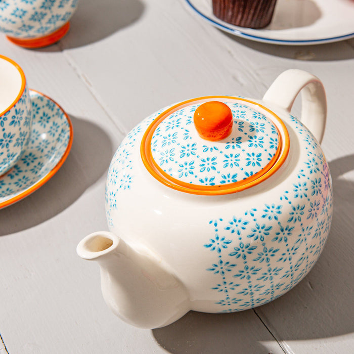 820ml Blue Hand Printed Stoneware Teapot