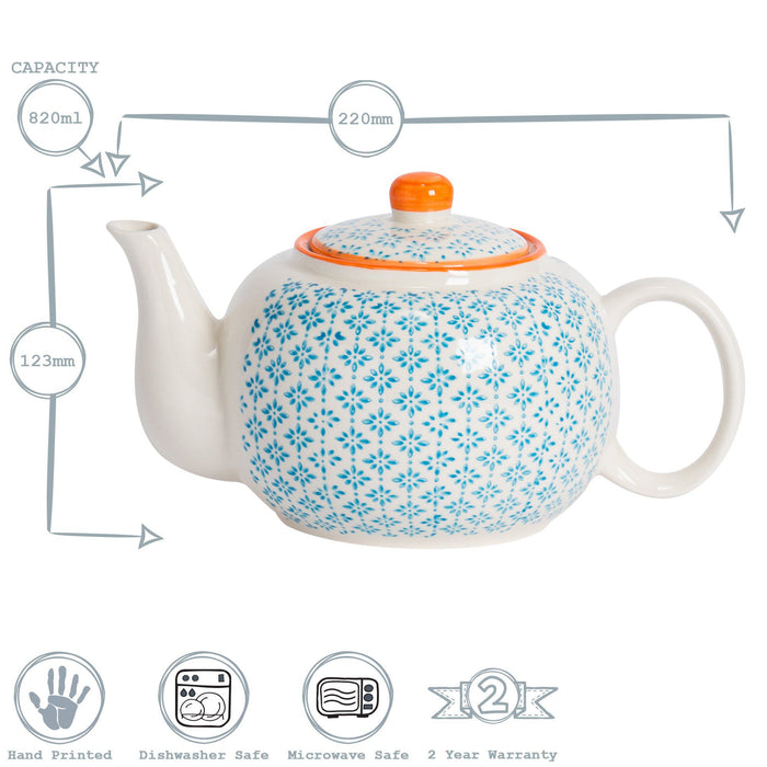 820ml Blue Hand Printed Stoneware Teapot