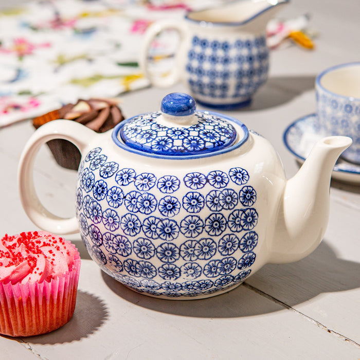 820ml Navy Hand Printed Stoneware Teapot