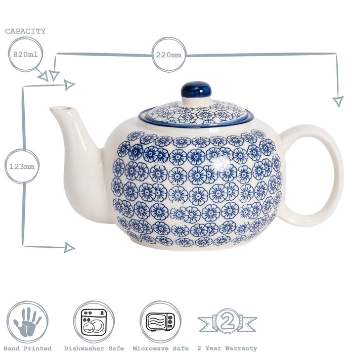 820ml Navy Hand Printed Stoneware Teapot