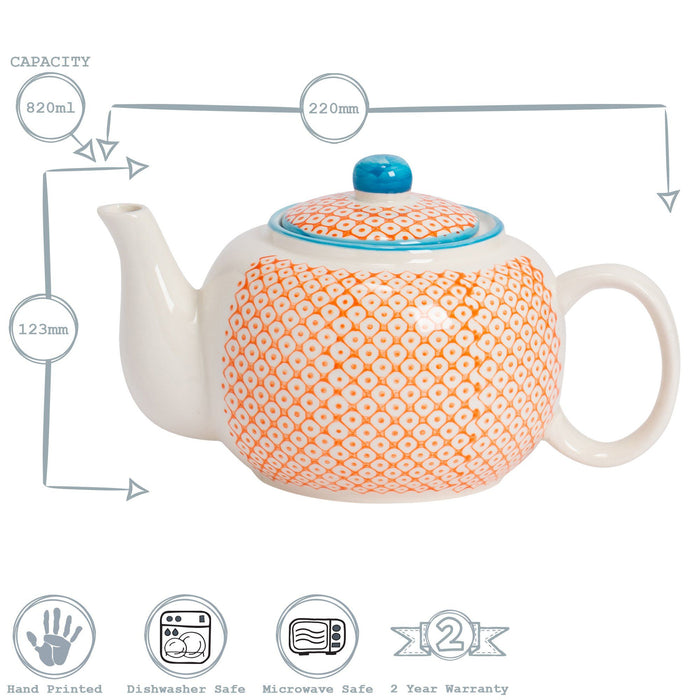 820ml Orange Hand Printed Stoneware Teapot