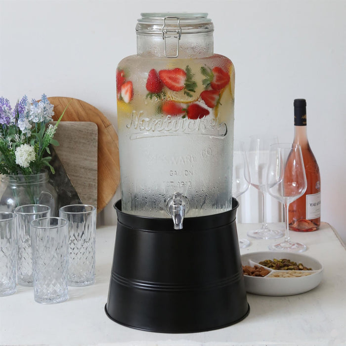 8.7L Glass Drinks Dispenser with Tap & Black Bucket Stand