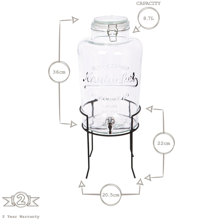 8.7L Glass Drinks Dispenser with Tap & Black Stand