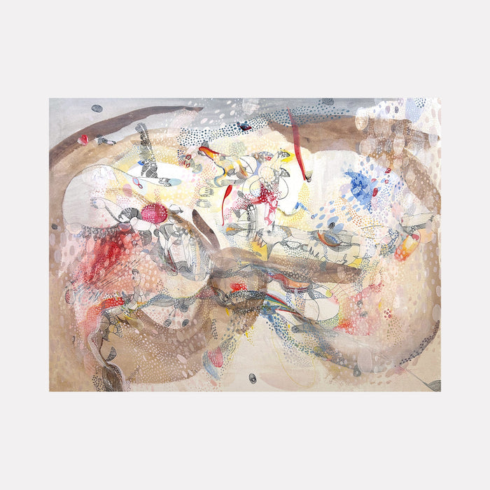 The artwork 'Anima 01' by Amy Decker features an abstract mixed media composition on paper stretched over wood panel. Dynamic brushstrokes in beige, red, and blue create flowing organic forms, with delicate dotted textures and gestural marks scattered throughout. Subtle color transitions and layered elements suggest movement and depth in this 18x24 inch piece.