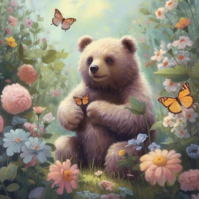 Bear And Butterflies In The Garden