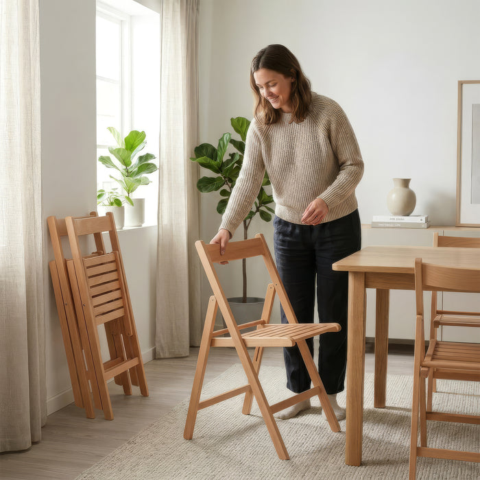 Beige Folding Chair – Solid Beech Wood Frame for Dining & Events