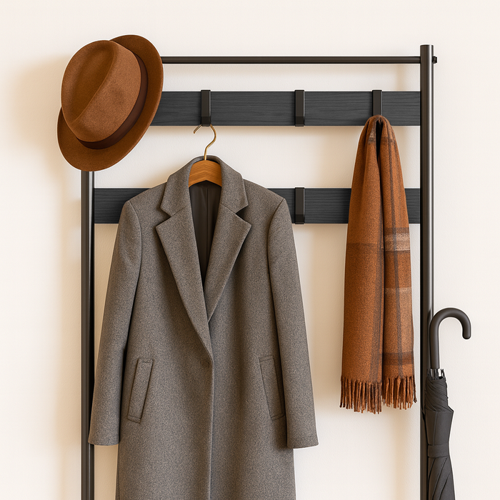 Black Square Steel Coat Rack with Shoe Storage Bench