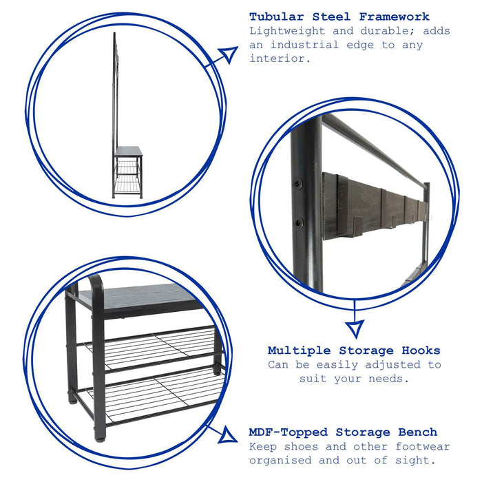 Black Square Steel Coat Rack with Shoe Storage Bench