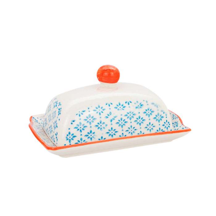 Blue Floral Hand Printed Stoneware Butter Dish