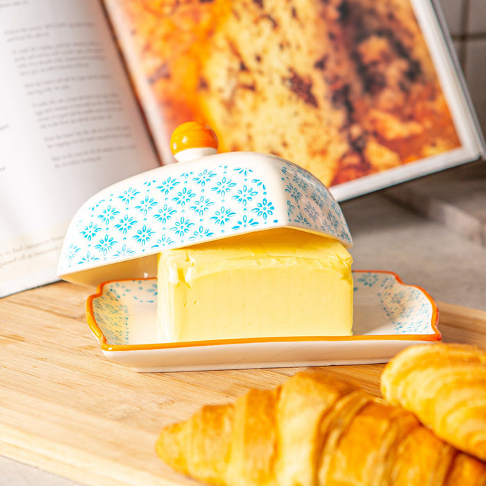 Blue Floral Hand Printed Stoneware Butter Dish