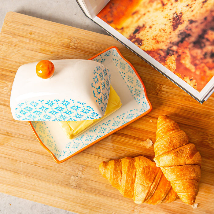 Blue Floral Hand Printed Stoneware Butter Dish