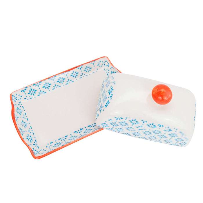 Blue Floral Hand Printed Stoneware Butter Dish