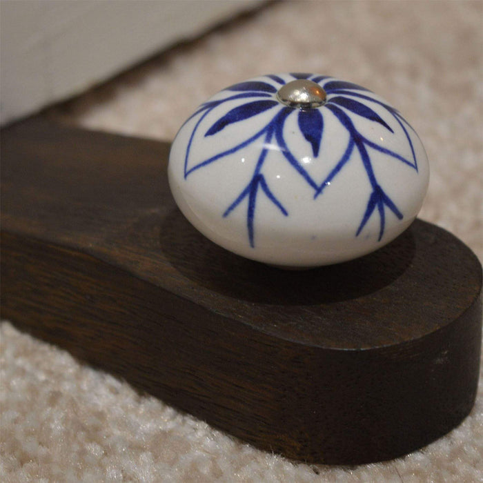 Blue Flower Traditional Wooden Wedge Door Stop