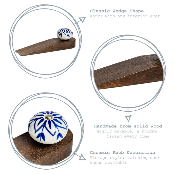Blue Flower Traditional Wooden Wedge Door Stop