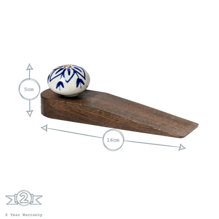 Blue Flower Traditional Wooden Wedge Door Stop