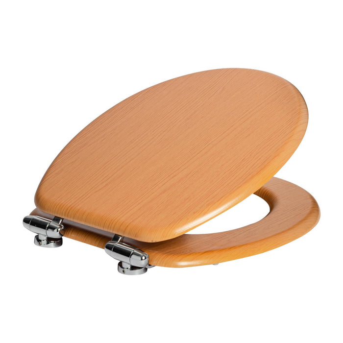 Brown soft-close tongue and groove MDF wood toilet seat with chrome hinges, from Harbour Housewares, product image on white background