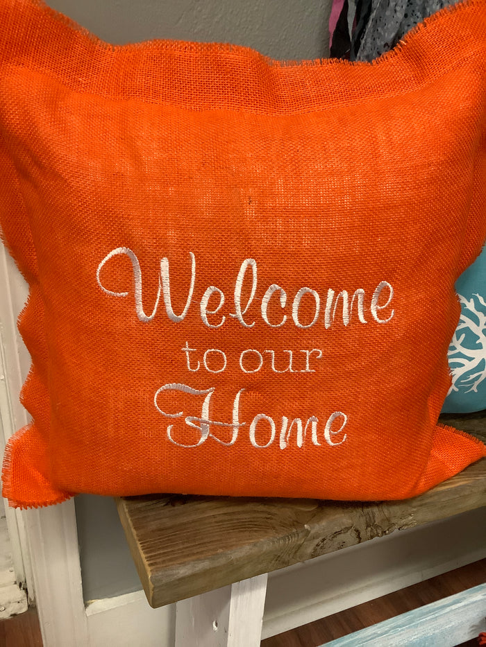 Burlap pillow - welcome to our home