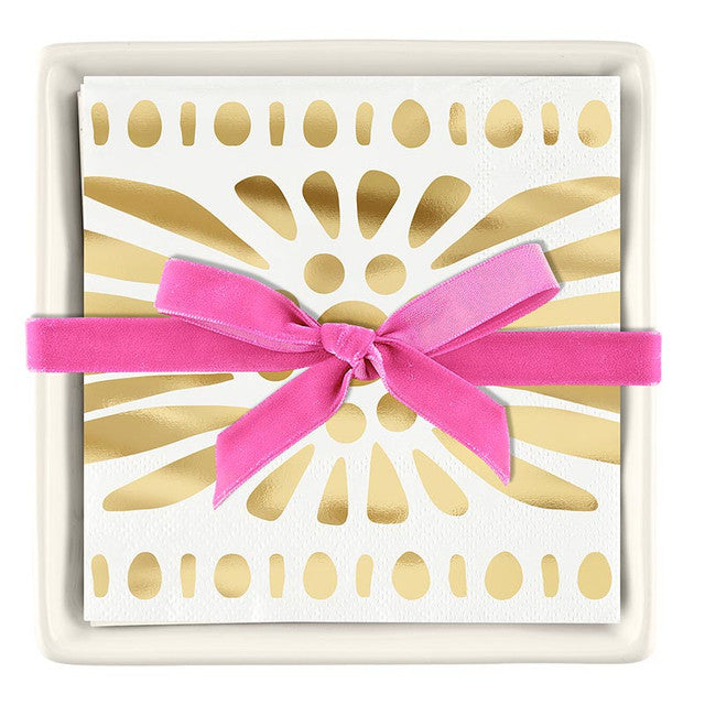 CERAMIC NAPKIN TRAY w/ GOLD MOROCCAN NAPKINS