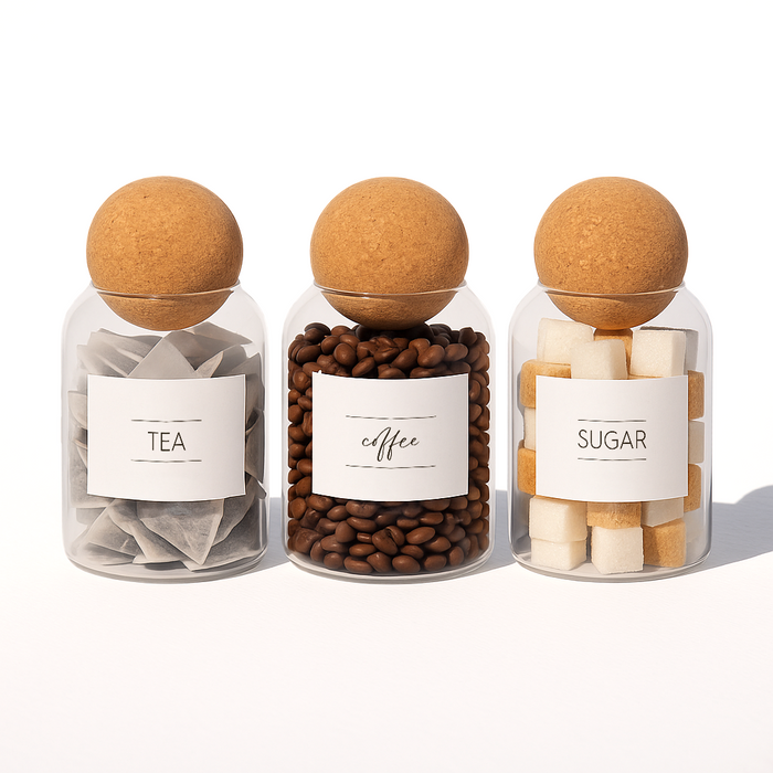 Cork Ball Lid Glass Tea Coffee Sugar Jars - Pack of 3