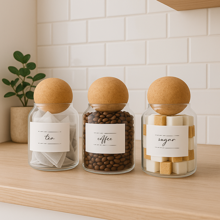 Cork Ball Glass Tea Coffee Sugar Jars Set