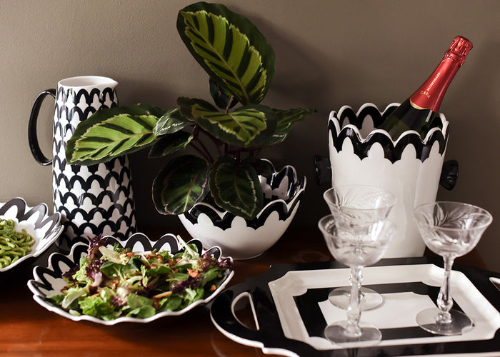 Front View of Stylish Serving Table with 18in Handled Traditional Tray in Crew Design and Other Pieces from Crew Collection