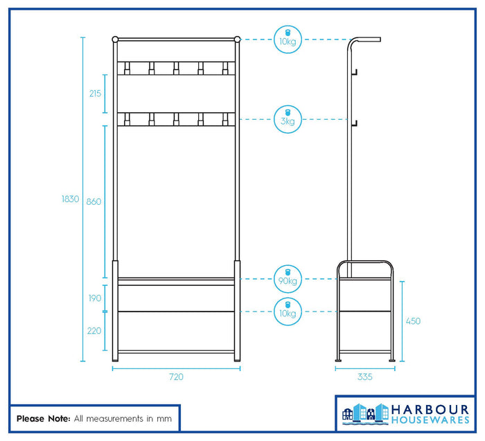 Curved Steel Coat Rack with Shoe Storage Bench