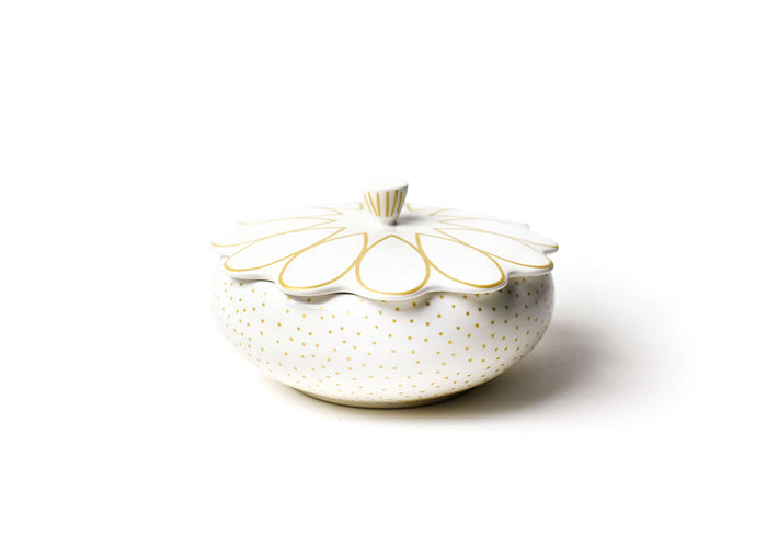 Front View of Deco Gold Scallop Covered Bowl Showcasing Design Details on Outside