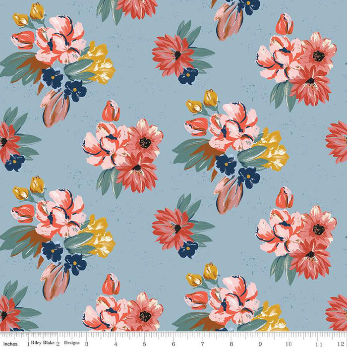 Double Sided Cotton Blanket - Wild Rose Floral Blue Cotton