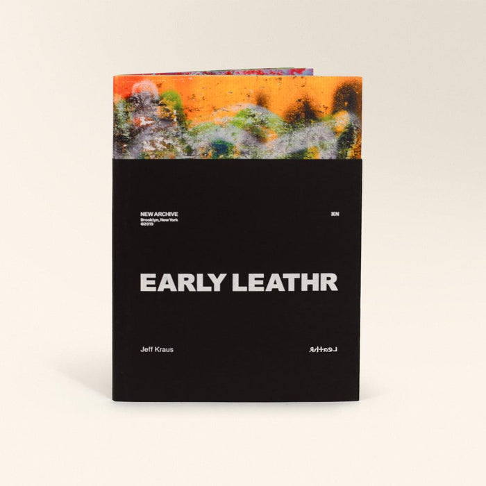 A black book titled EARLY LEATHR in white font with an abstract colorful graphic across the top