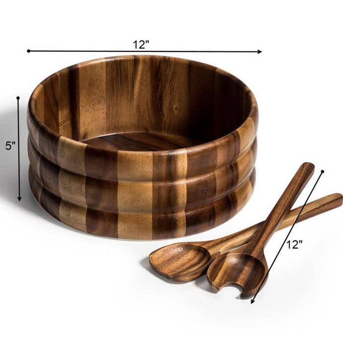 ELEGANT ACACIA WOOD SALAD BOWL w/ SERVERS