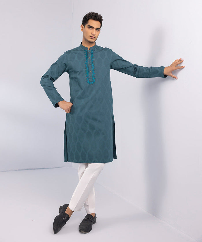 Embroidered Cotton Jacquard Kurta