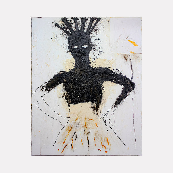 The artwork 'En Grace' features an expressive abstract figure rendered in bold black pigment against a white background. The figure emerges through gestural brushstrokes, with a dynamic spiked crown-like form atop, and energetic yellow-orange splashes at the lower portion. Created with oil pigment stick on wood panel by Brandon Gastinell.
