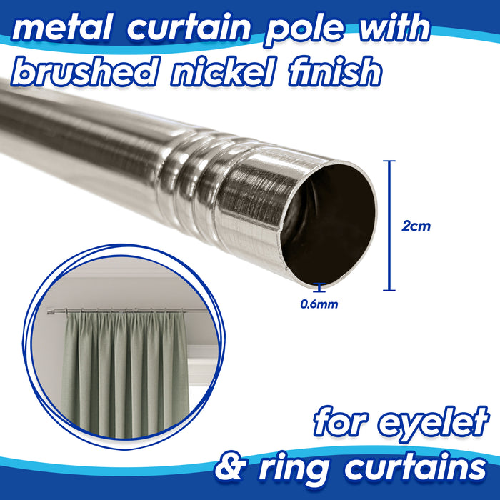 Extendable Brushed Nickel Metal Curtain Pole Kit from 77cm to 250cm