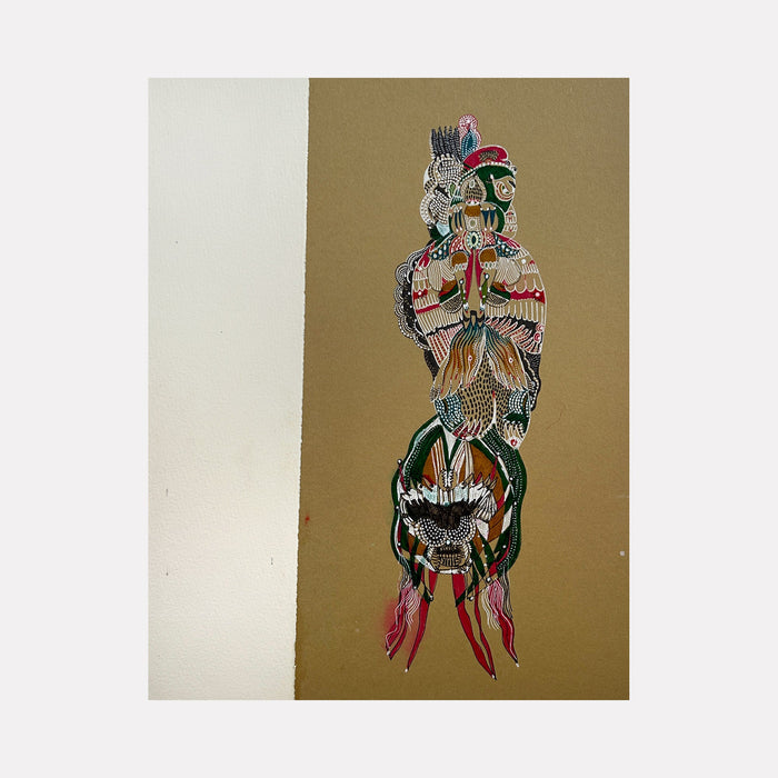The artwork 'Flight 01' by Amy Decker features a vertical composition with a stylized totemic figure rendered in ink on paper. The design incorporates vibrant pinks, teals, and browns against a golden background, showing intricate linework and layered motifs reminiscent of Pacific Northwest indigenous art styles. The figure appears to be floating or descending, with wing-like elements and flowing forms.