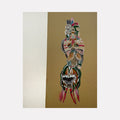 The artwork 'Flight 01' by Amy Decker features a vertical composition with a stylized totemic figure rendered in ink on paper. The design incorporates vibrant pinks, teals, and browns against a golden background, showing intricate linework and layered motifs reminiscent of Pacific Northwest indigenous art styles. The figure appears to be floating or descending, with wing-like elements and flowing forms.