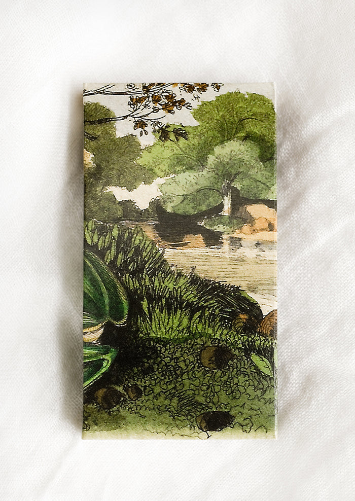 A frog print matchbox with long, brown-tipped matches.