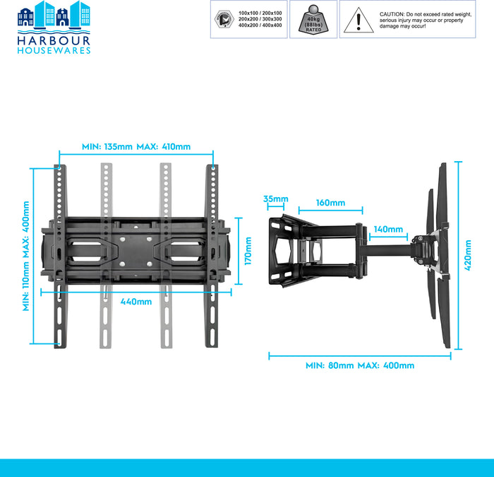 Full Motion TV Wall Bracket - 25-65" - Black