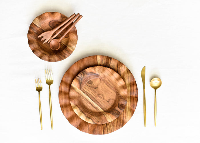 Overhead View of Fundamentals Collection Coordinated with Utensils Including Wood Appetizer Spreader